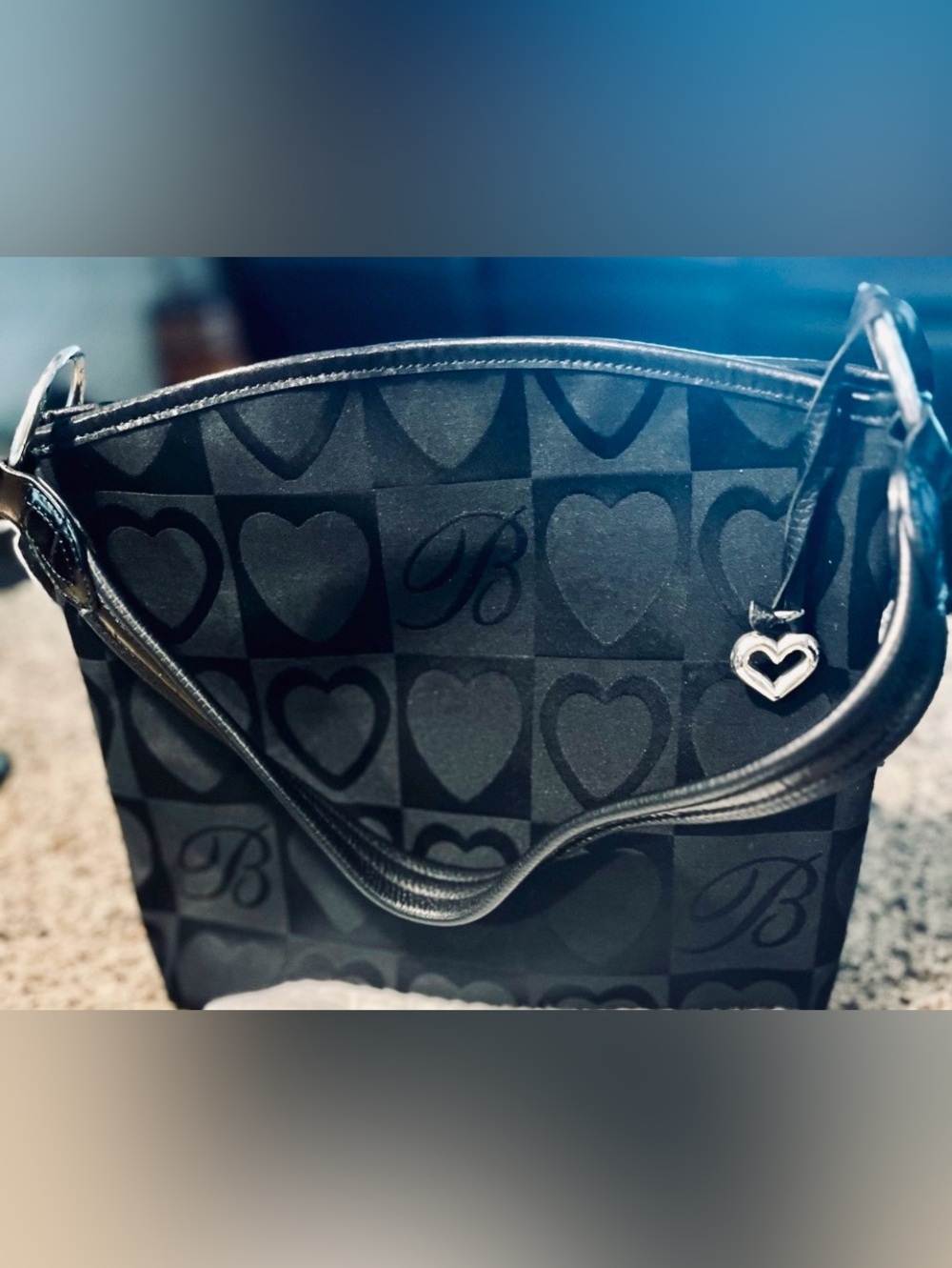 Brighton Black Heart-Pattern Shoulder Bag with Silver Heart Charm